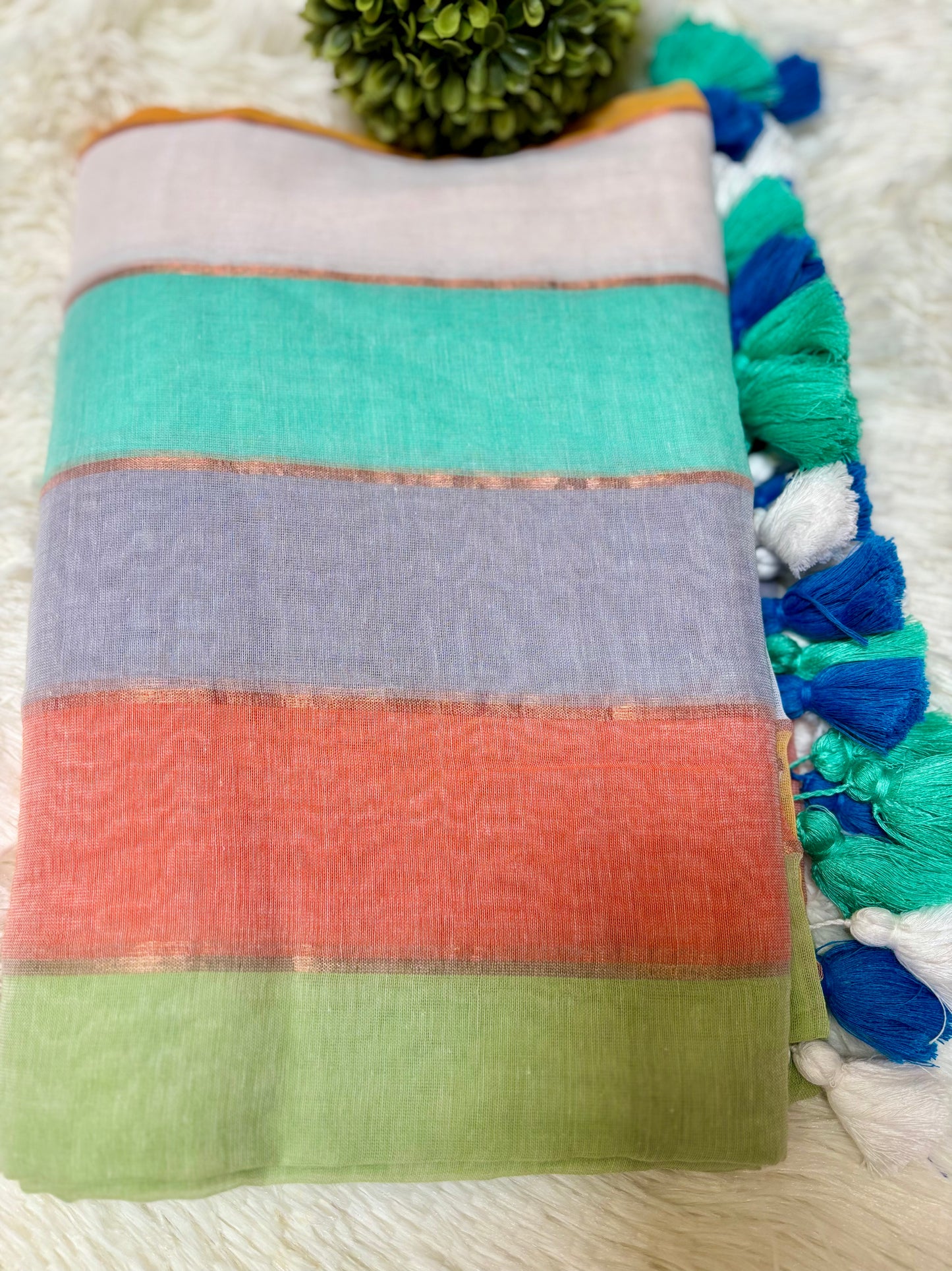 Multi-Colour Striped Soft Mul Cotton Saree with Copper Zari Lines