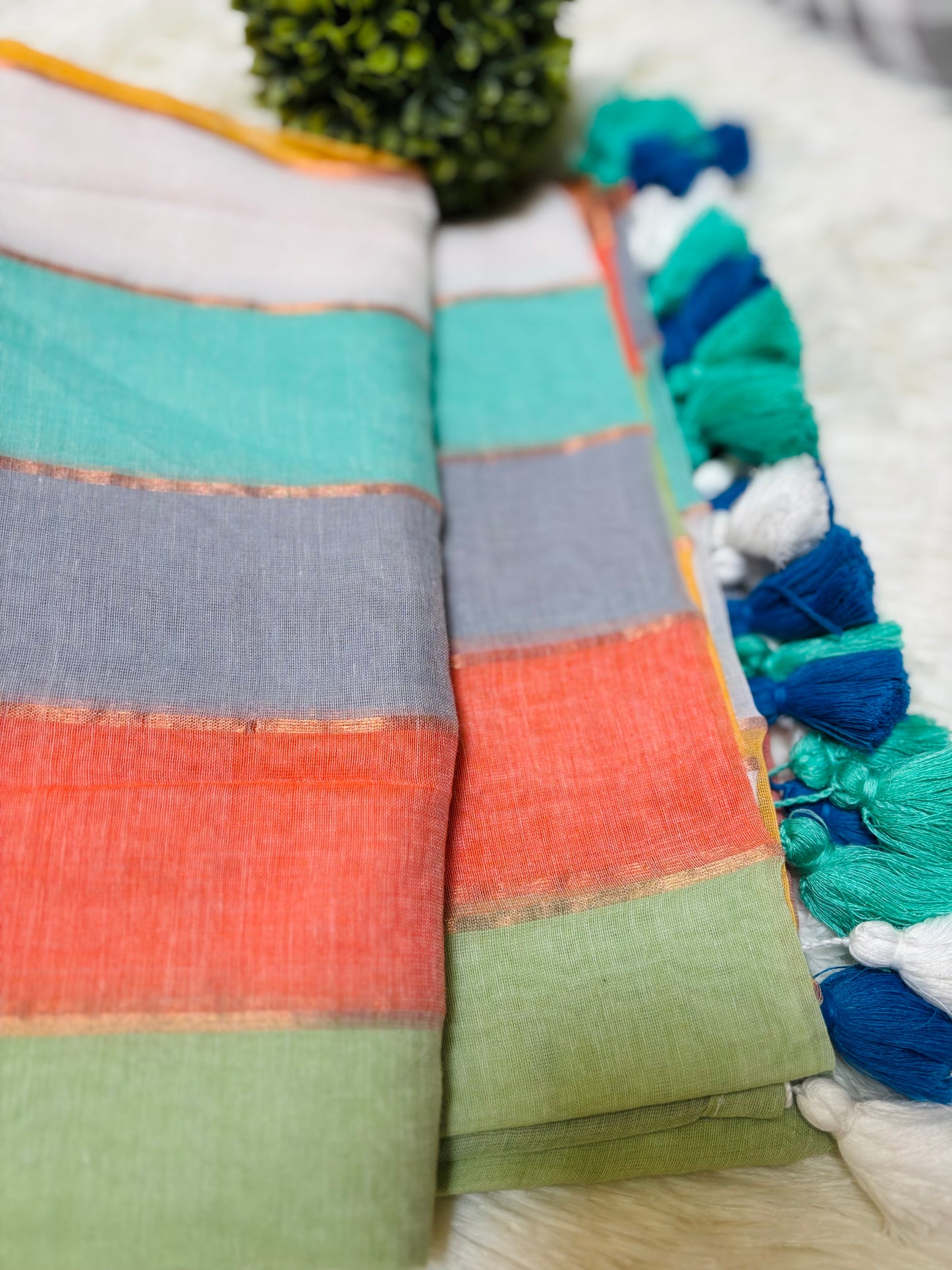 Multi-Colour Striped Soft Mul Cotton Saree with Copper Zari Lines
