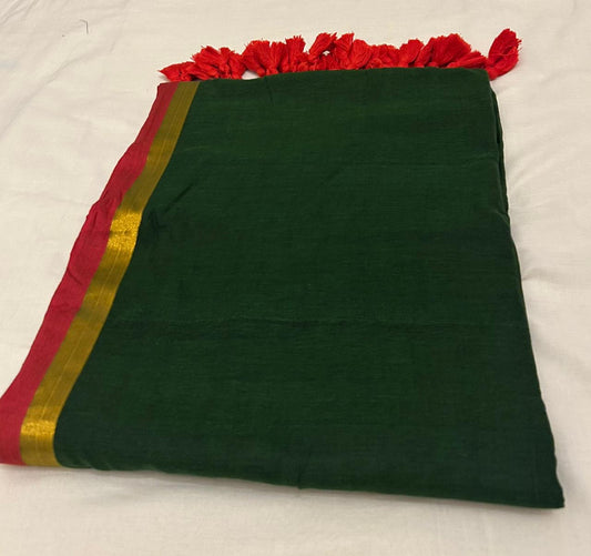 Green Soft Mul Cotton Saree with Red and Gold Border