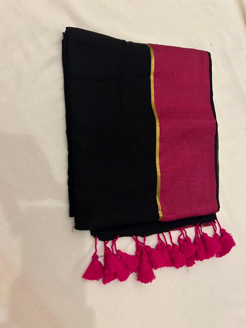 Black Soft Mul Cotton Saree with Pink Border