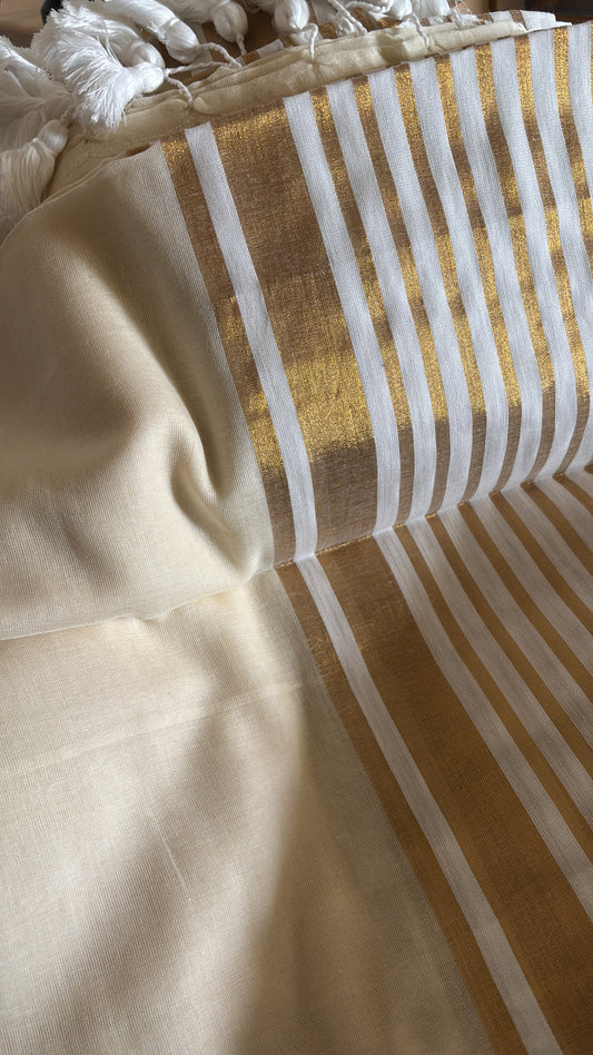 Gold Zari Border Striped Mul Cotton Saree