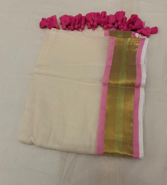 Soft Mul Cotton Saree with Light Pink and Gold Border