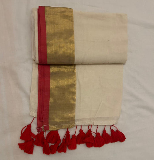 Cream Mul Cotton Saree with Red border and Golden Zari