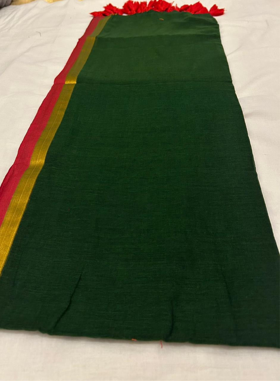 Green Soft Mul Cotton Saree with Red and Gold Border