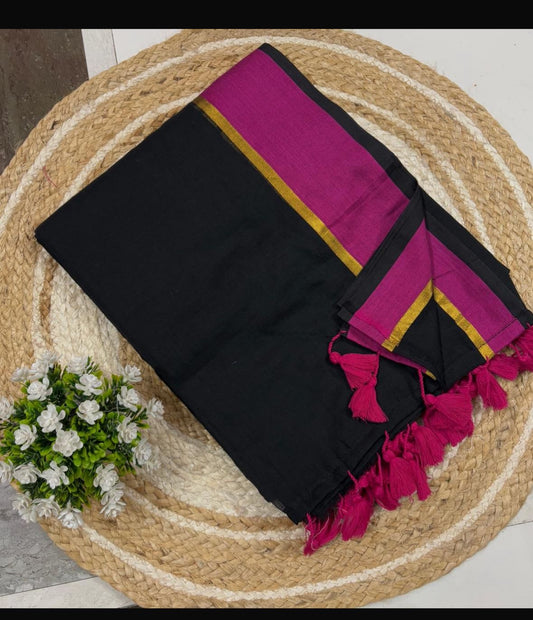 Black Soft Mul Cotton Saree with Pink Border