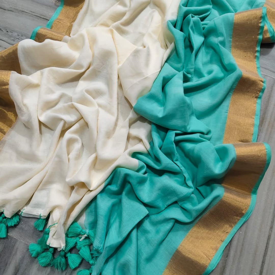 Half n Half Turquoise Soft Mul Cotton Saree