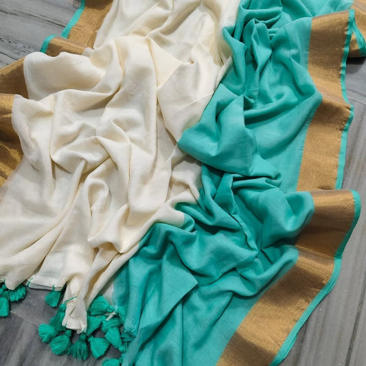 Half n Half Turquoise Soft Mul Cotton Saree
