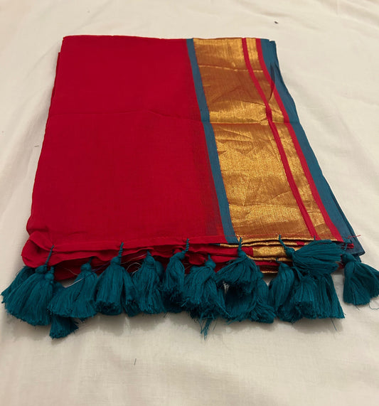 Red Soft Mul Cotton Saree with Green and Gold Border