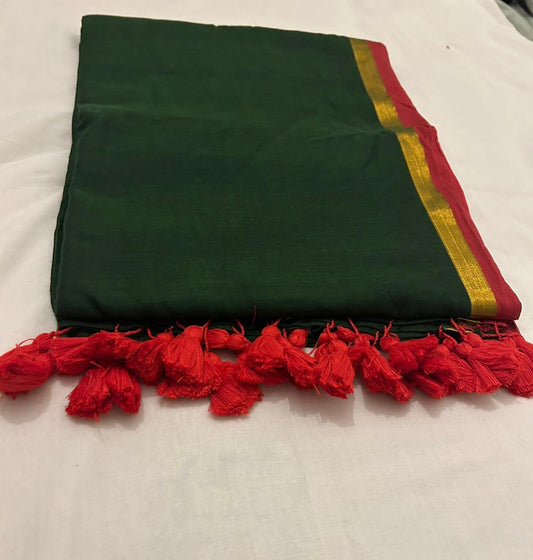 Green Soft Mul Cotton Saree with Red and Gold Border