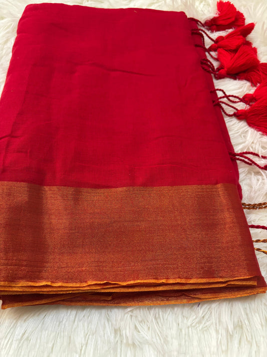 Red Plain Mul Cotton Saree With Gold Zari Border