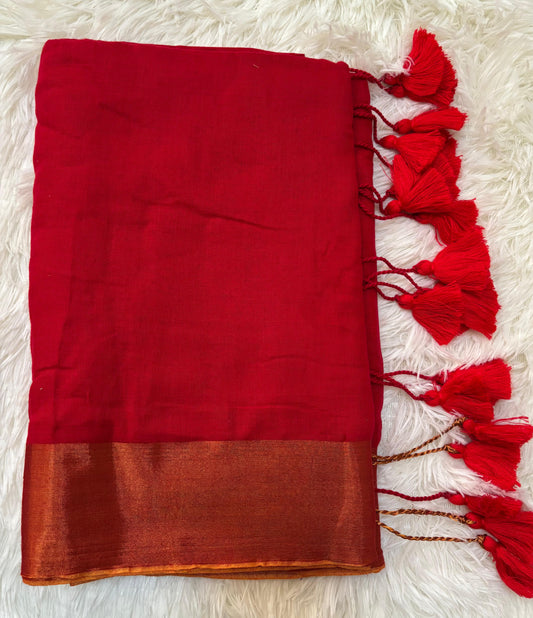 Red Plain Mul Cotton Saree With Gold Zari Border
