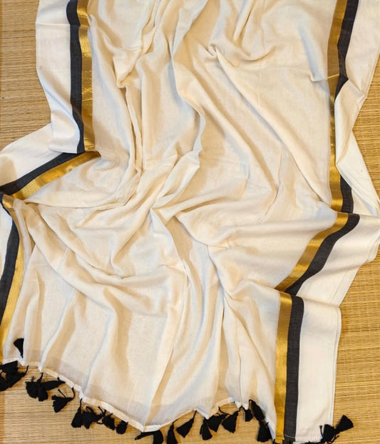 Black and Gold Striped Soft Mul Cotton Saree