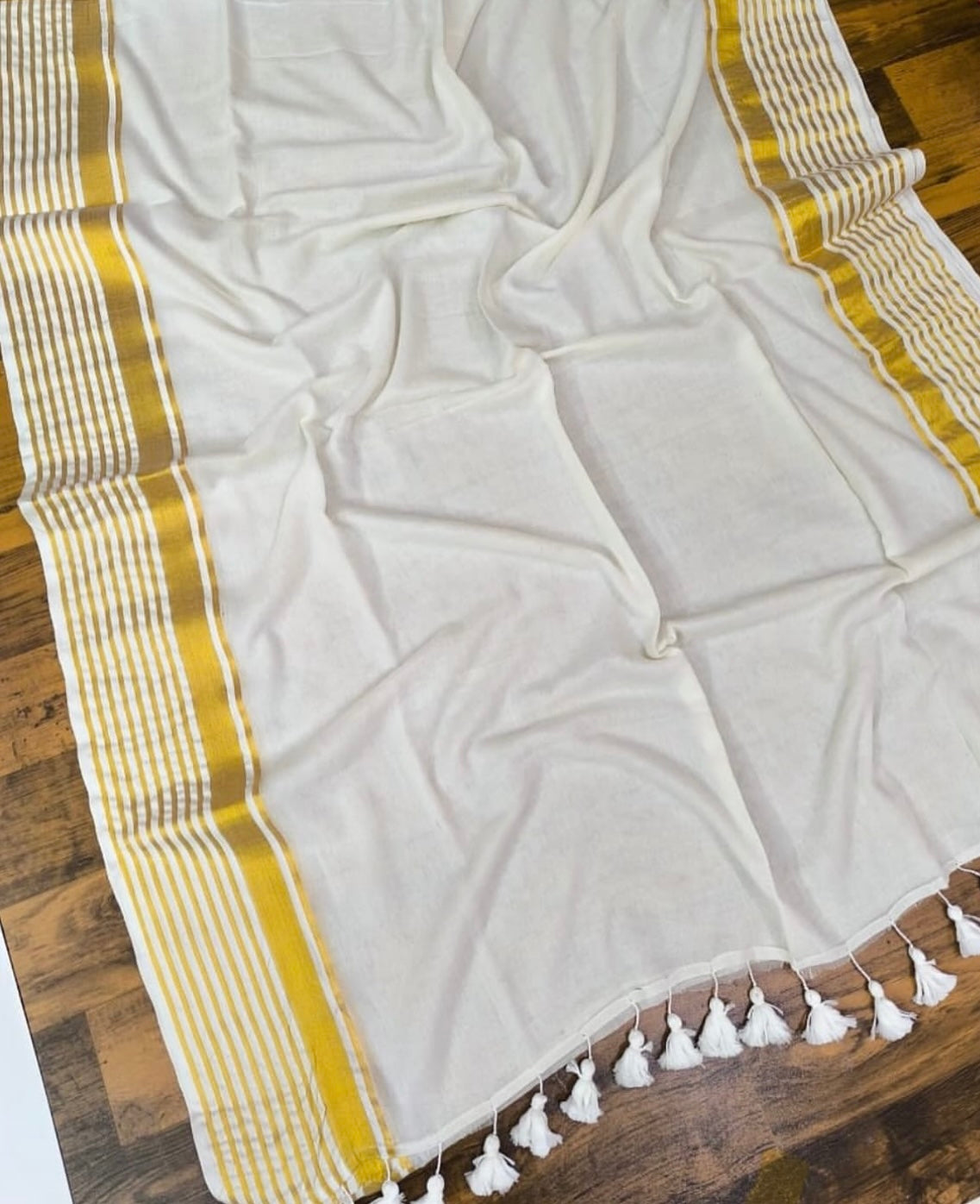 Gold Zari Border Striped Mul Cotton Saree