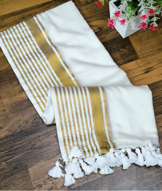 Gold Zari Border Striped Mul Cotton Saree