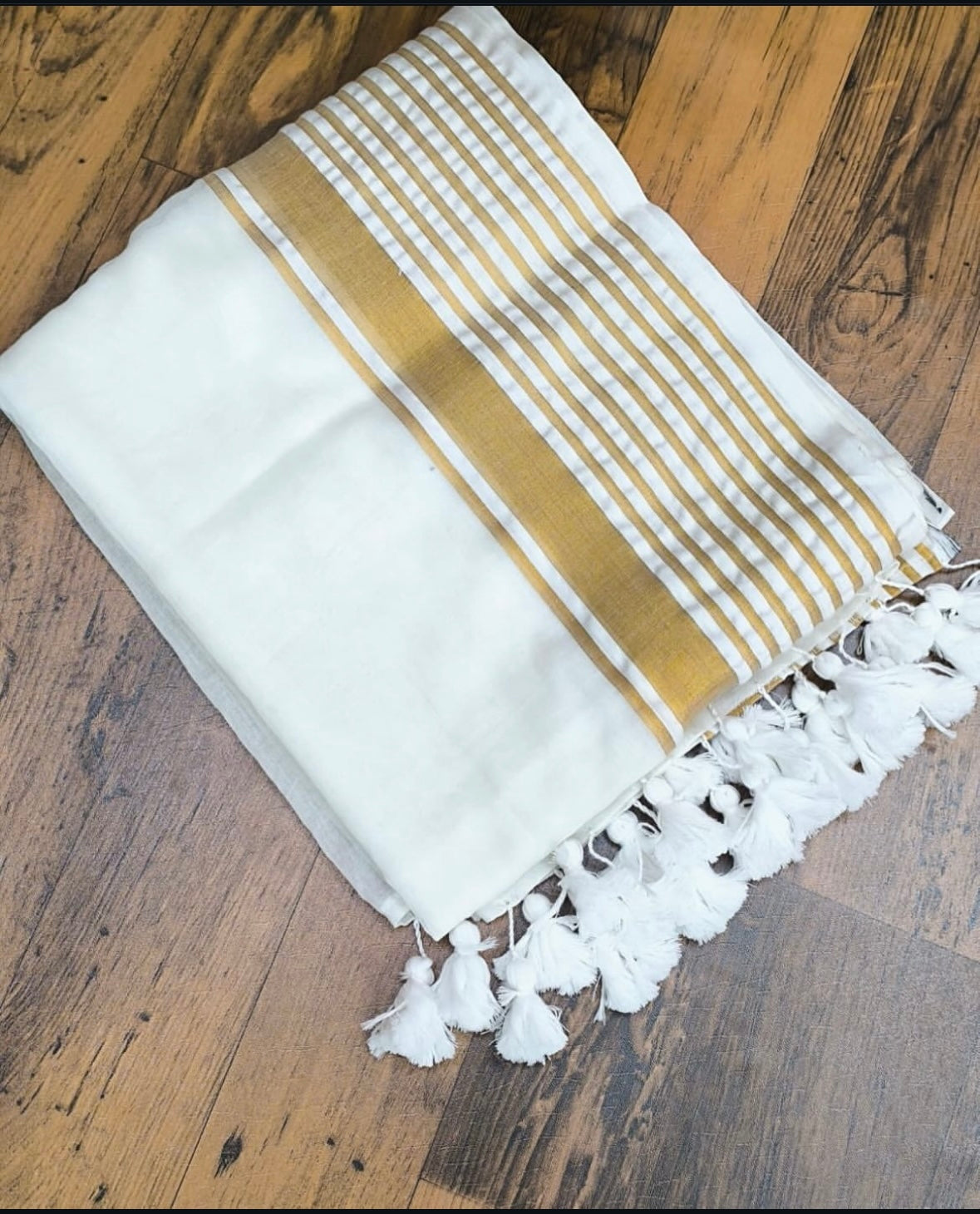 Gold Zari Border Striped Mul Cotton Saree