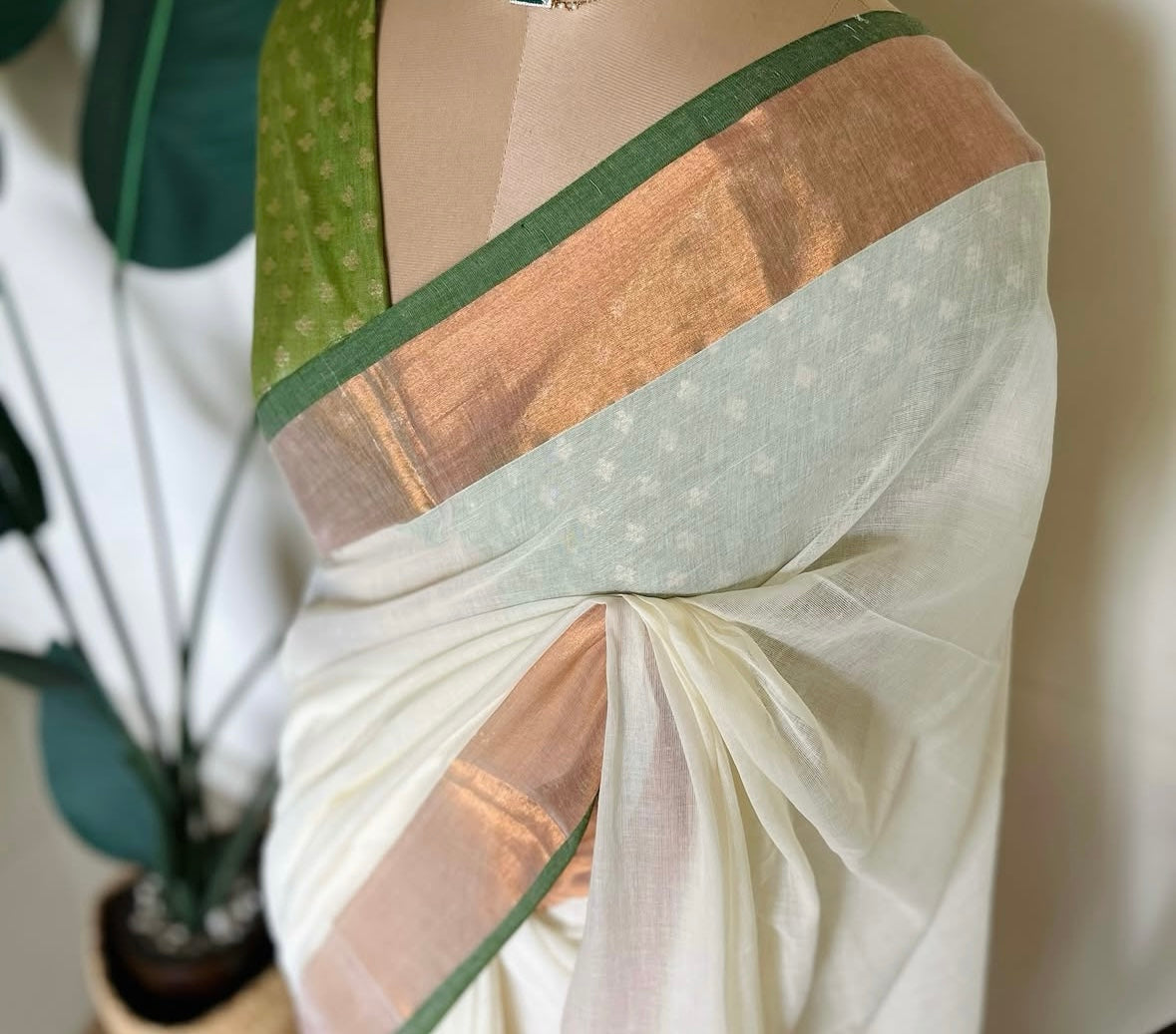 Mul Cotton Saree with Copper and Green Zari Border