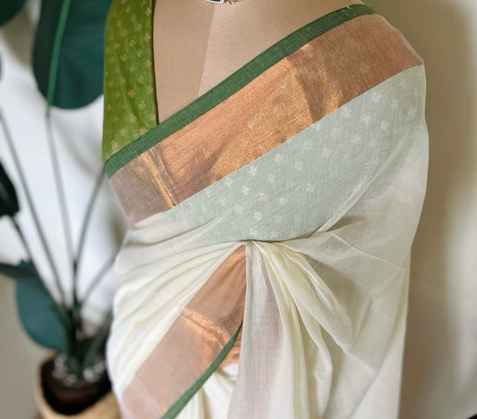 Mul Cotton Saree with Copper and Green Zari Border
