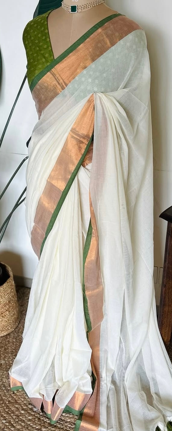 Mul Cotton Saree with Copper and Green Zari Border