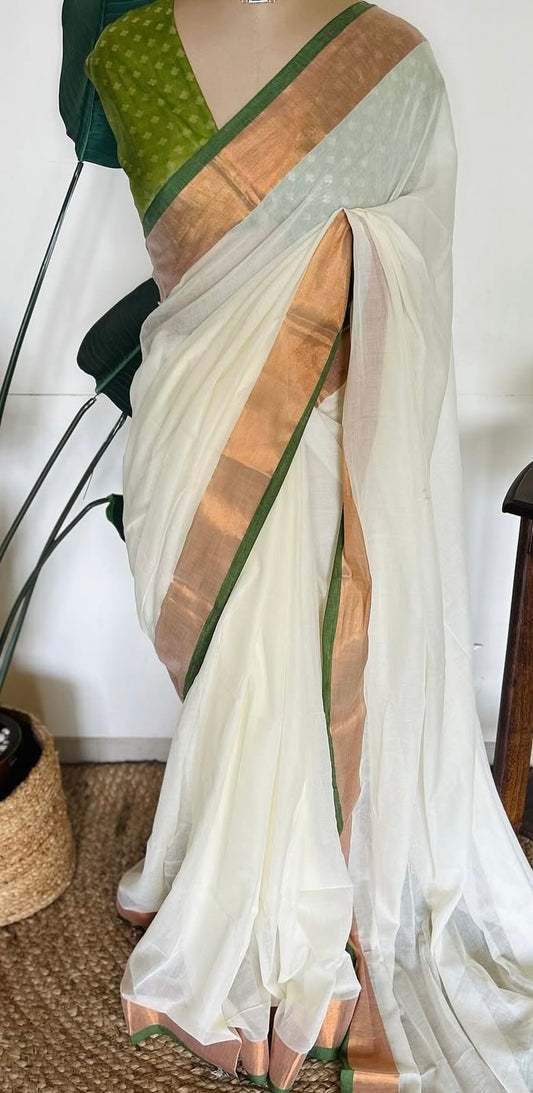 Mul Cotton Saree with Copper and Green Zari Border