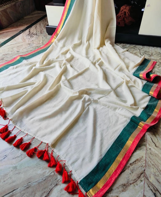 Soft Mul Cotton Saree with multi colour striped border