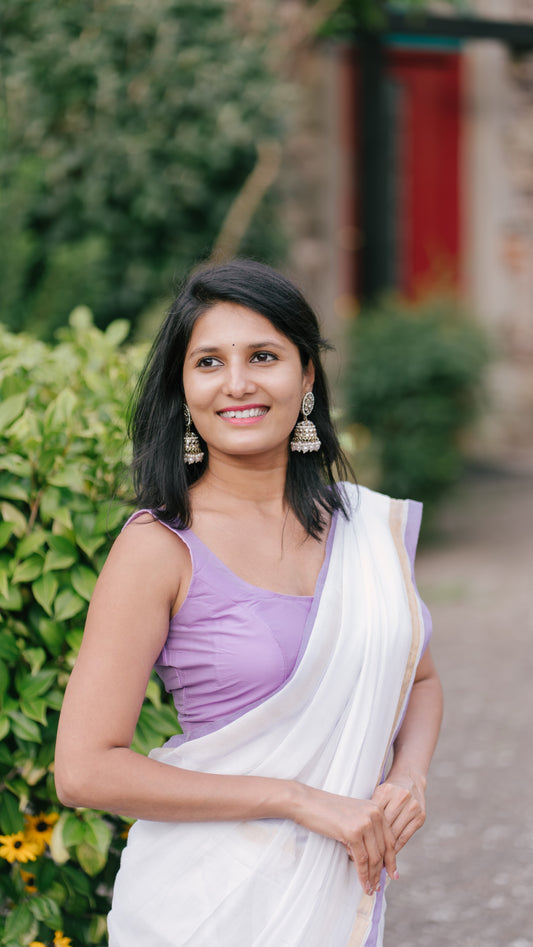 Mul Cotton Saree with Lavender and Gold Border