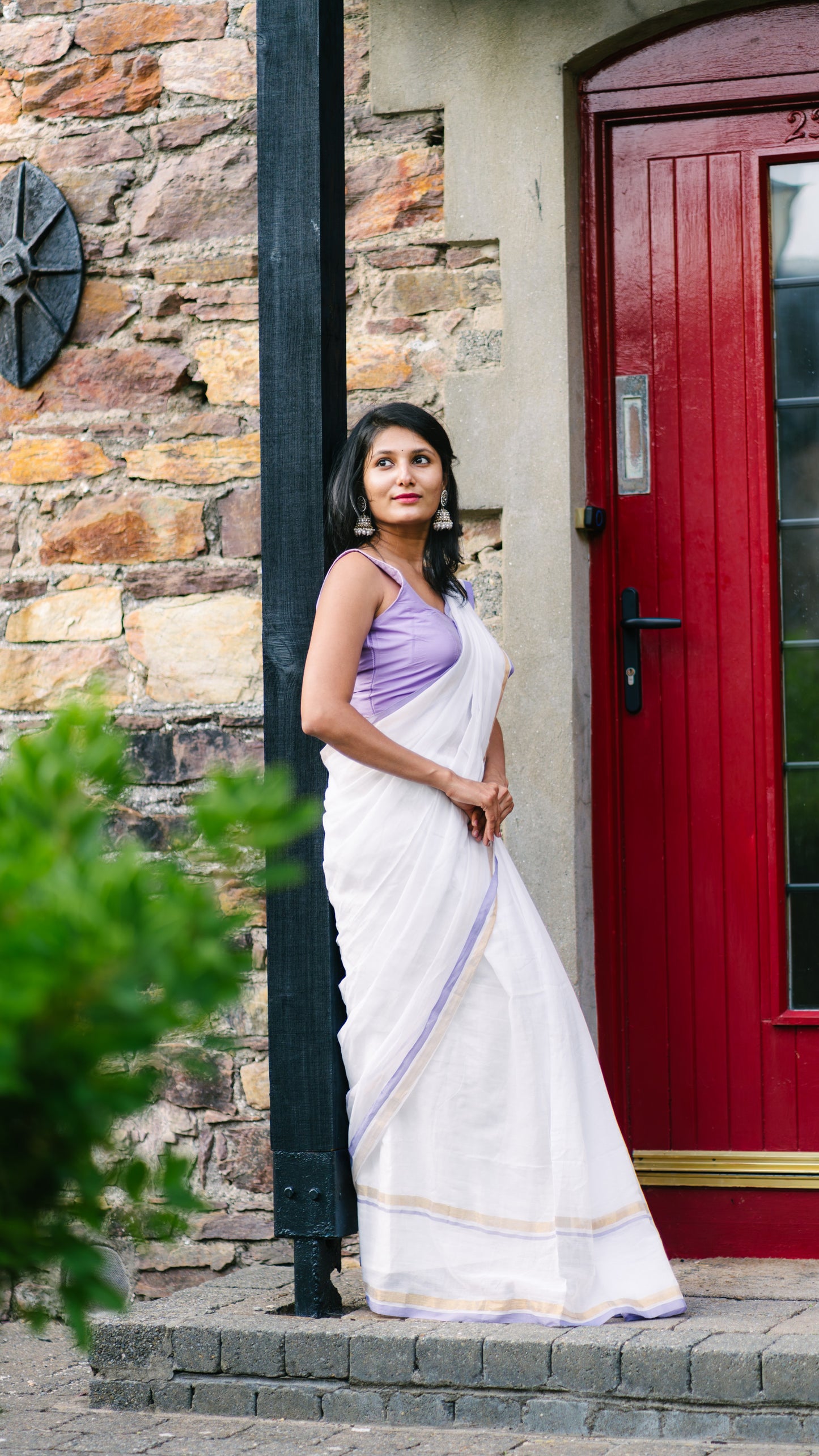 Mul Cotton Saree with Lavender and Gold Border