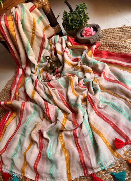 Multi Colour Striped Mul Cotton Saree