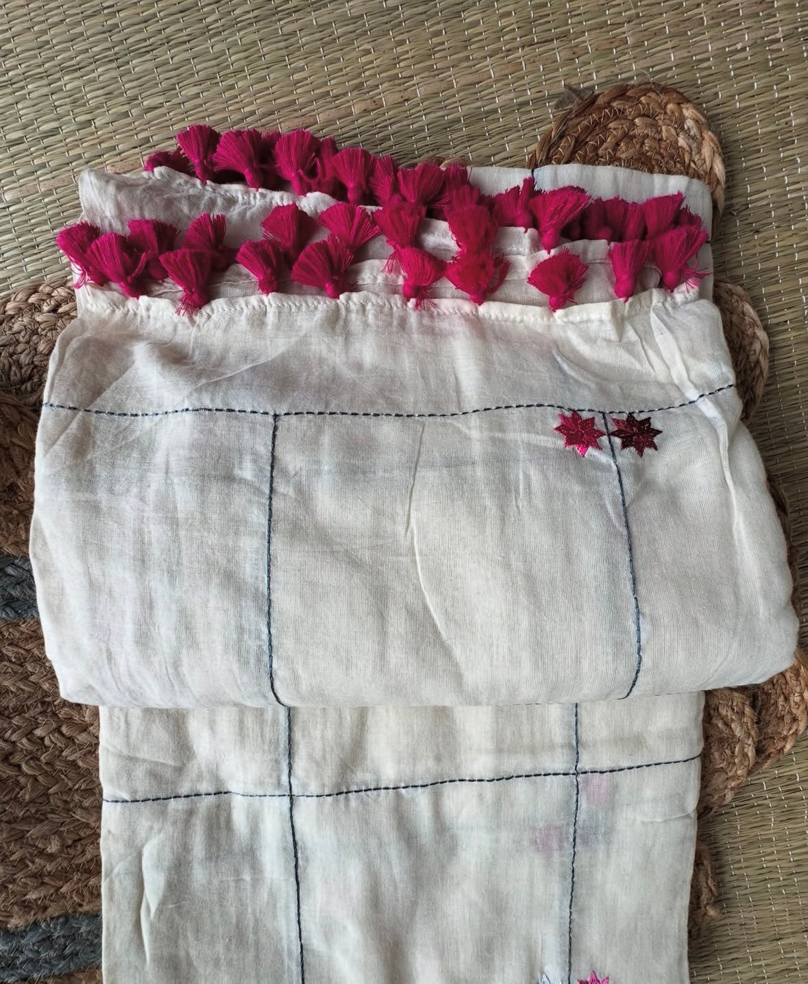 White Soft Mul Cotton Saree with Pink Embroidery