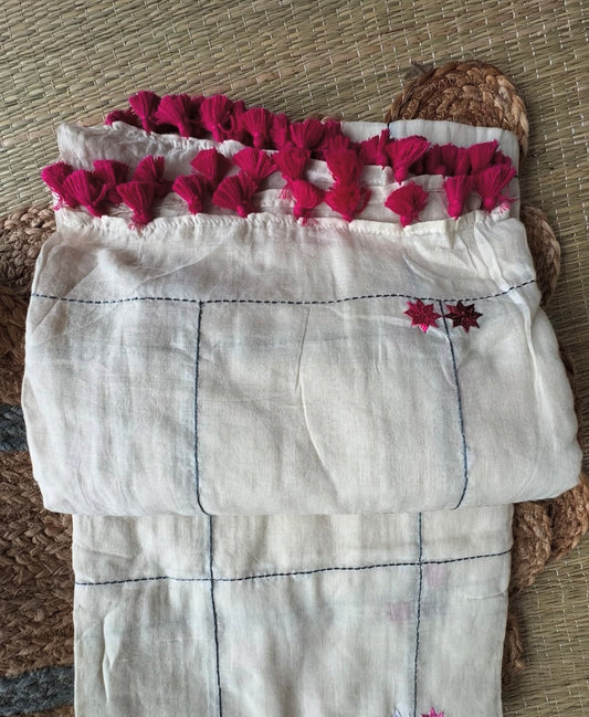White Soft Mul Cotton Saree with Pink Embroidery