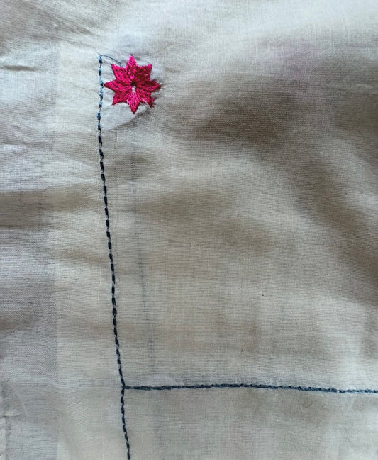 White Soft Mul Cotton Saree with Pink Embroidery
