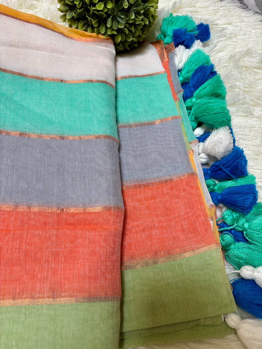 Multi-Colour Striped Soft Mul Cotton Saree with Copper Zari Lines