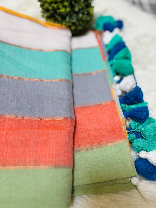 Multi-Colour Striped Soft Mul Cotton Saree with Copper Zari Lines