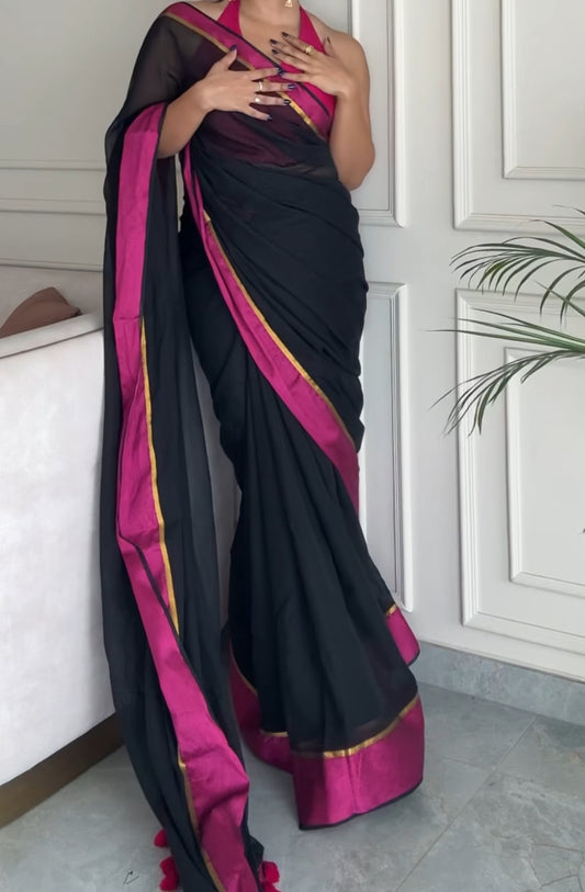 Black Soft Mul Cotton Saree with Pink Border