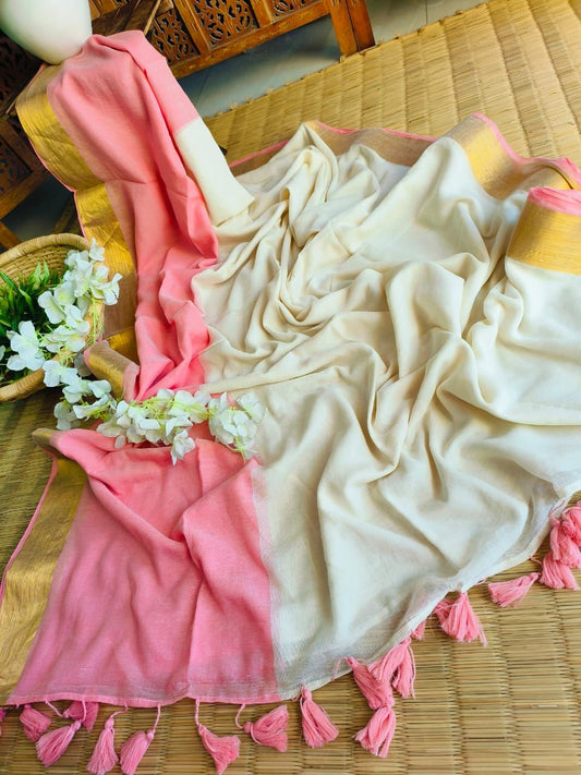 Dual Shade Mul Cotton Saree with Gold Zari