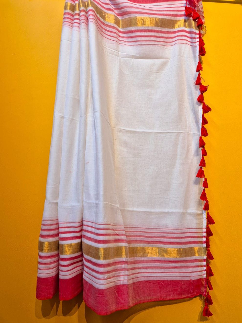 Red With Gold Striped Mul Cotton Saree