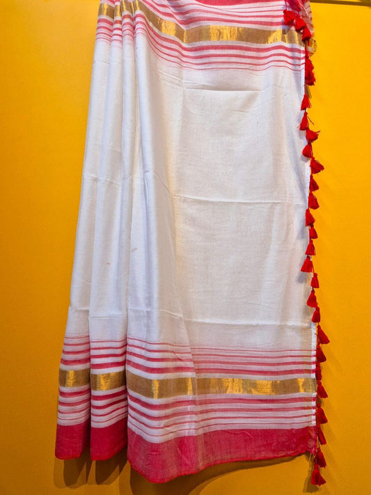 Red With Gold Striped Mul Cotton Saree