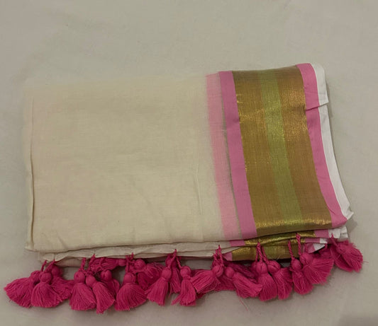Soft Mul Cotton Saree with Light Pink and Gold Border