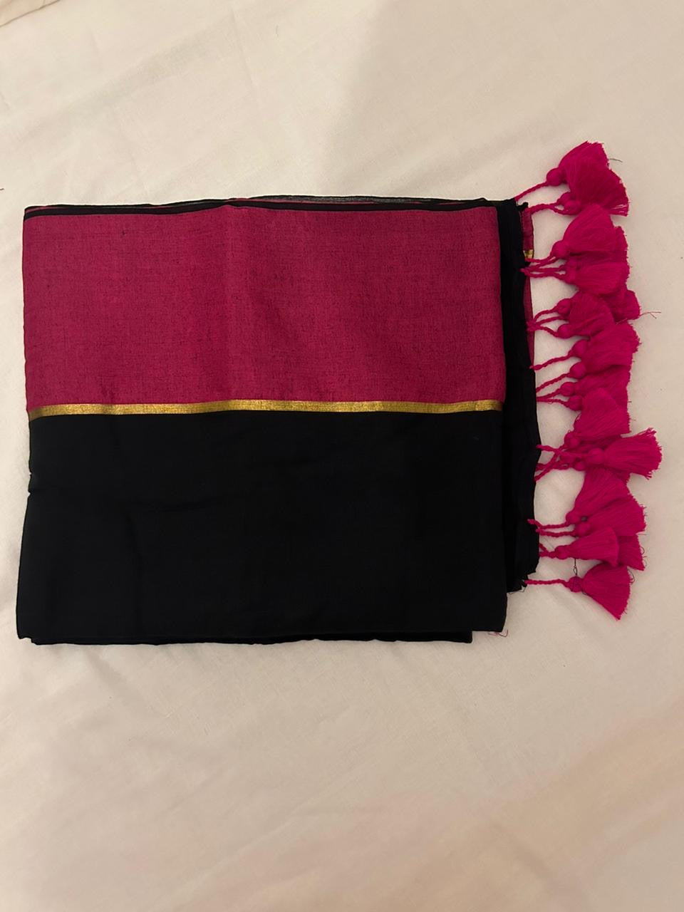 Black Soft Mul Cotton Saree with Pink Border