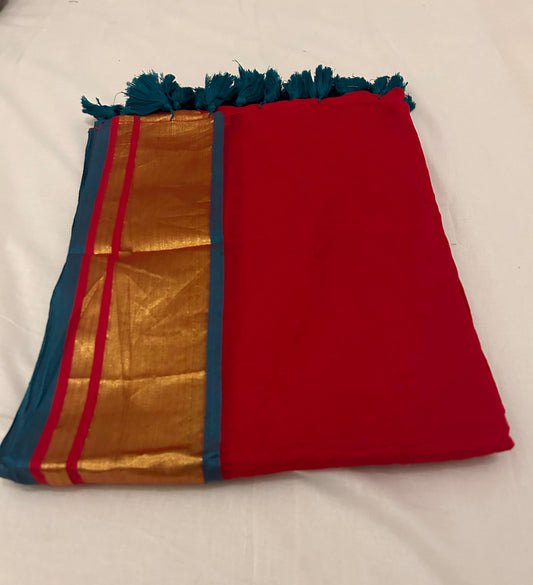 Red Soft Mul Cotton Saree with Green and Gold Border