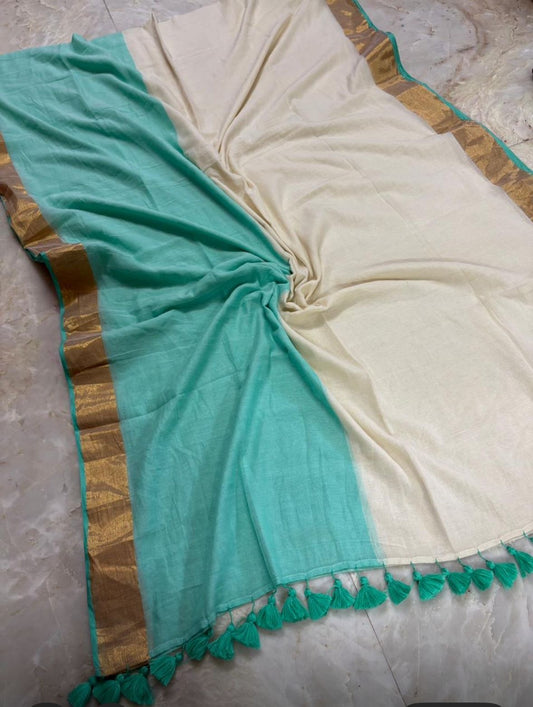 Half n Half Turquoise Soft Mul Cotton Saree
