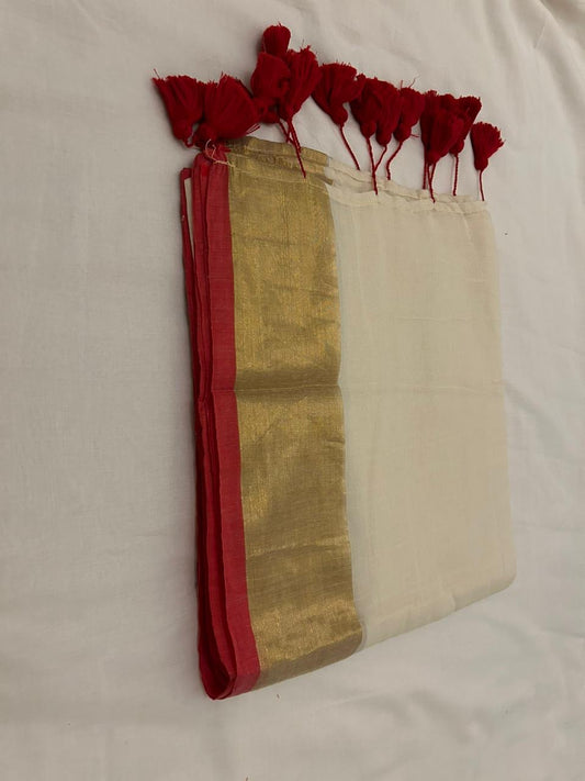 Cream Mul Cotton Saree with Red border and Golden Zari